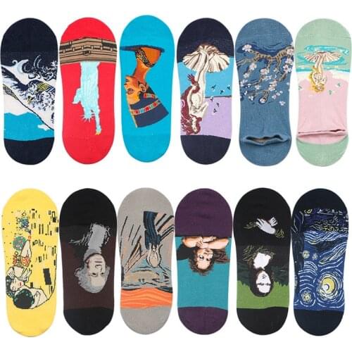 Anewmorn Socks Mens Oil Painting Star Cotton Art Socks Famous Breathable Invisible Sweat Deodorant Moisture Unisex Sox 12 Style