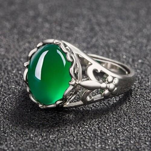 New 925 Silver Simulation Green Agate Inlaid Chalcedony Crystal Ring Ruby Retro Index Finger Adjustable Women Exquisite Jewelry