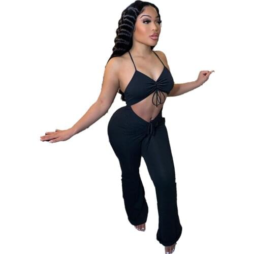 2021 Summer New Women Fashion Sexy Ruffled Lace-up Micro-flared Jumpsuit Solid Color High Waist Womens Clothing