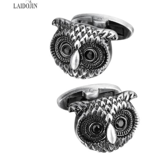 LAIDOJIN Novelty Animal Ancient Silver color Owl Cufflinks with Black Crystal Eyes for Mens Shirt Accessories