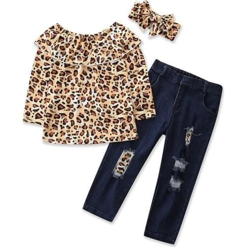Baby Clothes Toddler Girl Clothes Girls Outfits Fashion Set Boutique Kids Clothing Leopard Print Top Ripped Jeans Two Piece Suit