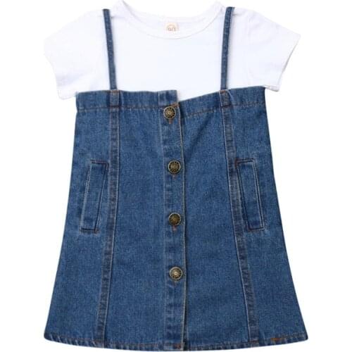 1-4T 2PCS Set Toddler Summer Clothing Baby Girl Outfit Girls Cotton Shirt Denim Strap Dress Kid Casual Clothes Set