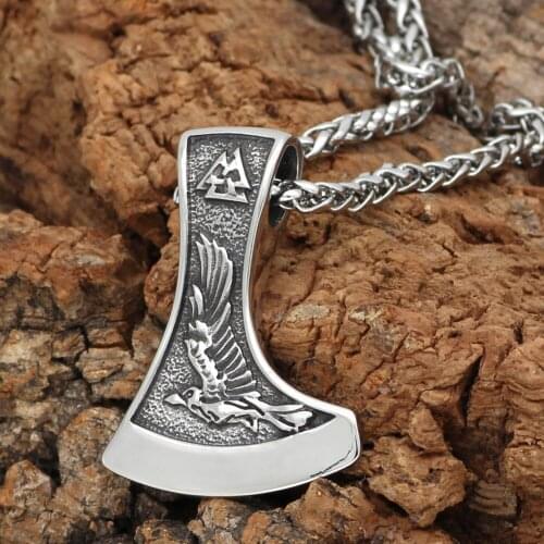 Nordic viking rune odin raven and wolf stainless steel amulet pendant necklace