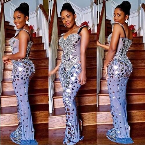 3 Colors Bright Sequins Mirrors Dress Women Evening Birthday Dresses Rhinestone Costume Prom Celebrate Grey Bling Dresses