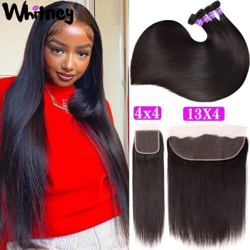 Bone Straight Human Hair Bundles With Frontal Mongolian Remy Hair 2/3 Bundles With 5x5 HD Transparent Lace Closure Straight Hair
