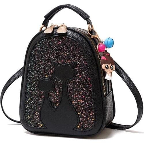 2021 Fashion Sequin Backpack Female Bag Cat Small Backpack Cute Lady Style PU Leather Backpack