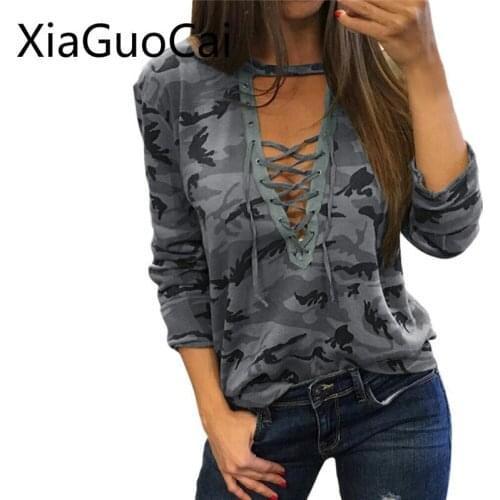 XiaGuoCai Camouflage Women Hoodies Long Sleeve V-neck Tracksuits Loose Female Hoodies Tracksuits Summer Tops W6 35