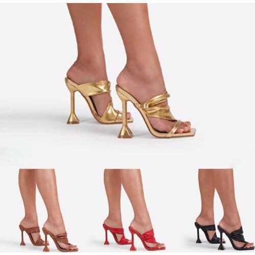 2021 New Sexy Mules shoes Women Women Summer high heels Square toe Slides Ladies shoes Gold Plus Size 35-42