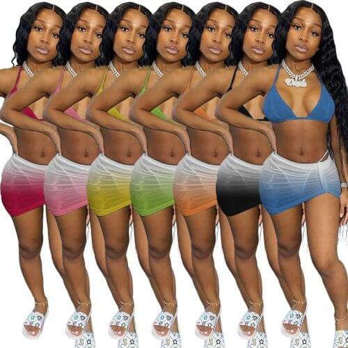 Women Sexy Gradient Beach Swimsuit Crop Top Mini Skirts Panties Suit Three Piece Set Swim Sport Bikinis Set bathing suit
