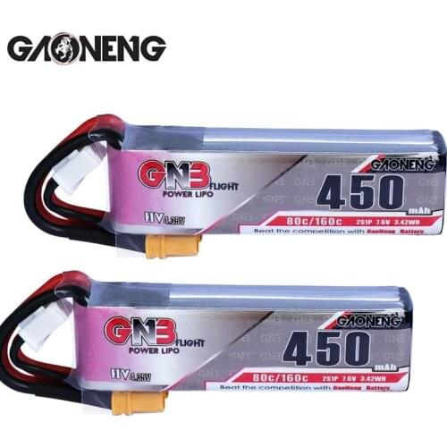 2PCS GaoNeng GNB 450mAh 2S 7.6V HV 80C/160C Lipo battery JST XT30 Plug for iFlight betafpv Drone Mini FPV Racing Drone RC parts