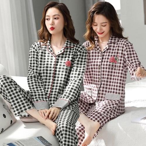 2021 Spring Autumn Plus Size Long Sleeve Cotton Pajama Sets for Women Casual Plaid Sleepwear Homewear Pijama Mujer Home Clothes