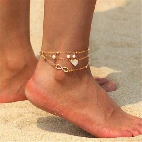 3pcs/set Gold Silver Color Ankle Anklets Chic Imitation Pearl Metal Heart Pendant Anklets On Leg Foot Jewelry For Women Anklets