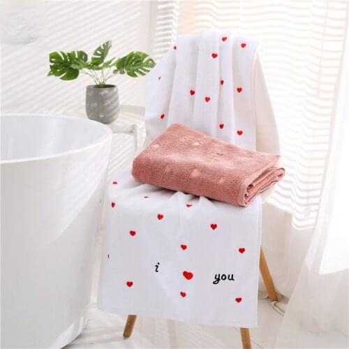 Pure Cotton Bath Towel Heart Embroidered Large Size Face Towels for Adults Super Absorbent Thick Dry Beach Towels 70x140cm White