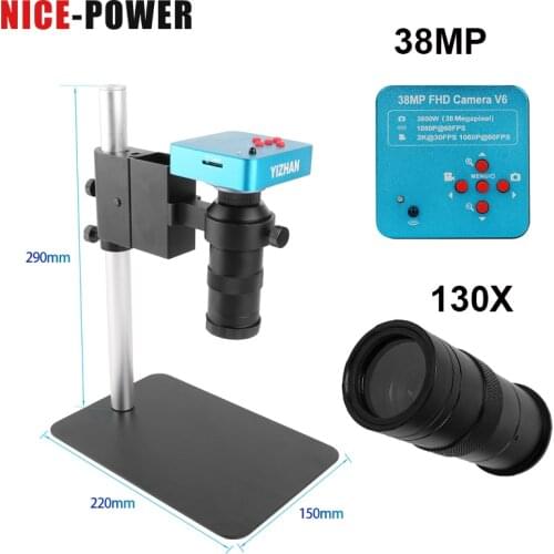 Microscope Set HDMI USB HD 38MP 60FPS 1080P Industrial Microscope Camera+ New Metal Base + 130X C-Mount Lens + 56 LED Light Lamp