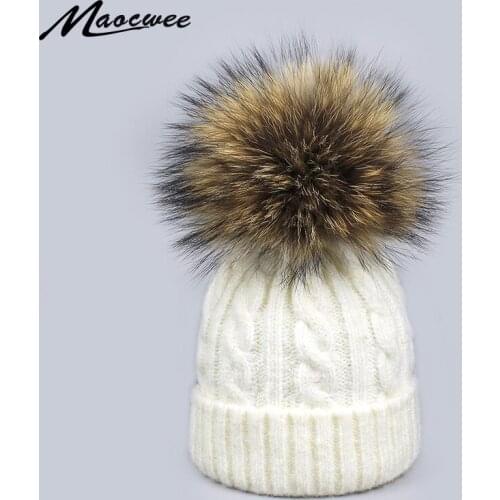 Children Women Beanies Hats Winter Warm Fur Ball Fur Knitted Lady Skullies Striped Caps With Pure Colour Female High Quality