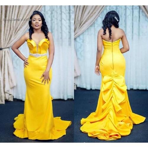 Elegant Yellow Mermaid African Prom Dresses Sexy Sweetheart Off The Shoulder Satin Plus Size Evening Dress Ruffles Party Gowns
