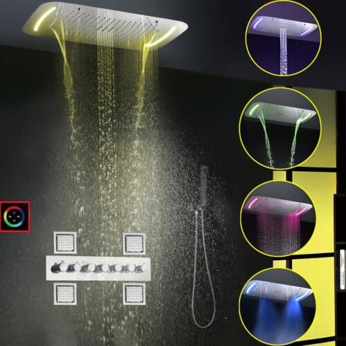 Chrome Bathroom Rain Shower System Luxury Thermostatic Faucet Set 71X43CM Ceil Mounted Head LED Panel Bath Mixer Body Sprayers
