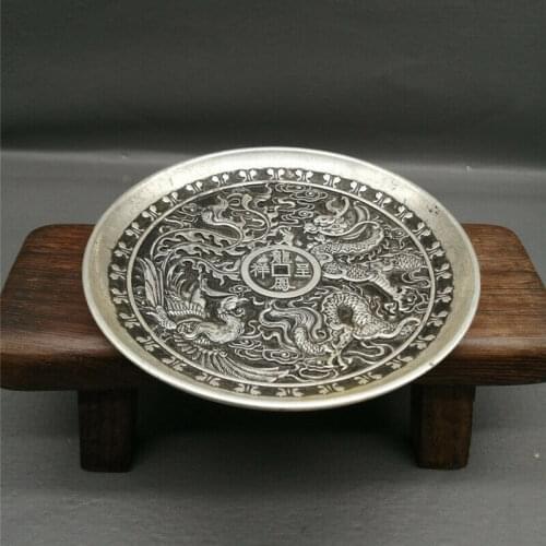 Chinese Antiques Tibetan Silver Dragon and Phoenix Dishes
