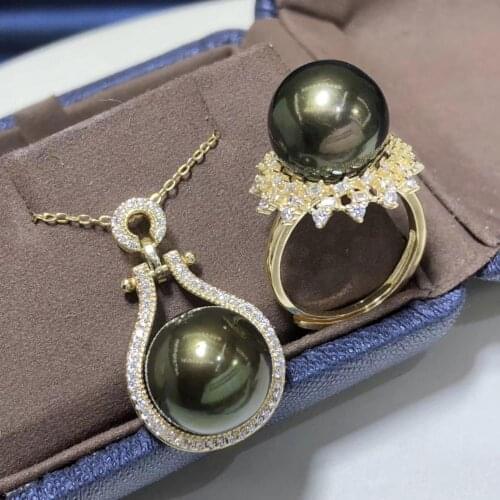D415 Pearl Set Fine Jewelry 925 Sterling Silver 13-14mm Round Natural Fresh Water Peacock Green Black Pearls Jewelry Sets