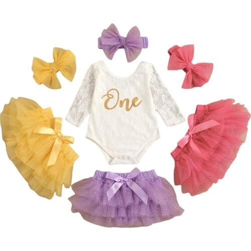 Baby Girl’s Outfits Three Piece Suit Fashion Letter Romper and Bow Gauze Skirt with Headband