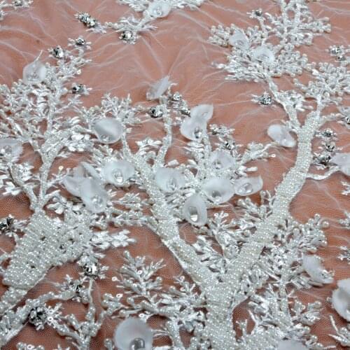 La Belleza handmade beaded crystal off white/Blace/wind 3D flowers evening dress lace fabric 1 yard
