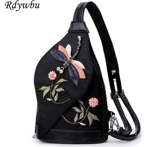 Dragonfly Flower 3D Embroidery Multifunctional Backpack Girls National Portable Travel Bag Oxford Chest Shoulder Bag B573