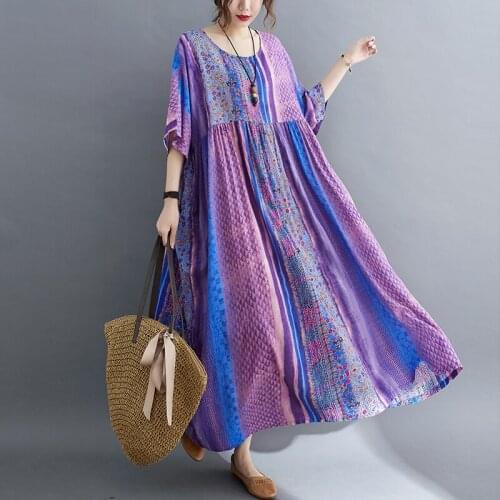 2021 Summer New Retro Printing Round Neck Short Sleeve Printed Long Patchwork Dress Z260