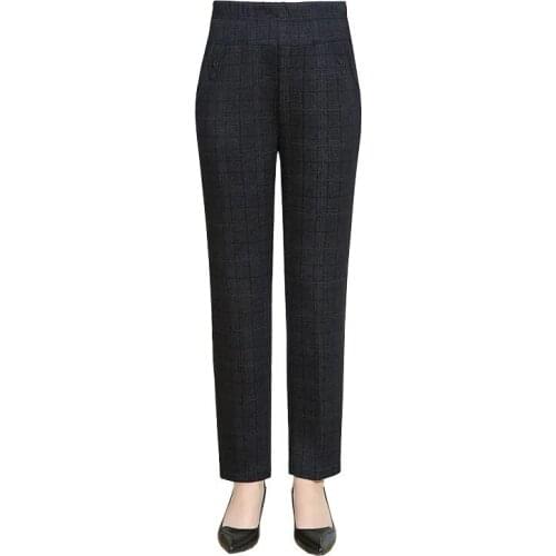 Middle-aged mother Women autumn Plaid Pants 2021 New Elastic Waist Straight Pants Ankle-Length Trousers Plus Size 5XL LU2198
