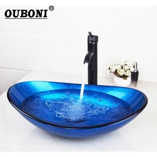 OUBONI Blue Glass Bathroom Tap Mixer Round Sink Faucet Bath Set Art Basin Hand-Paint Bathroom Glass Basin Vanity ORB Faucets