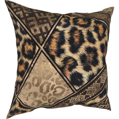 Leopard Fur With Ethnic Ornaments Square Pillow Case Brown Animal Leopard Pattern Pillowcover Home Decor Cushions for Sofa