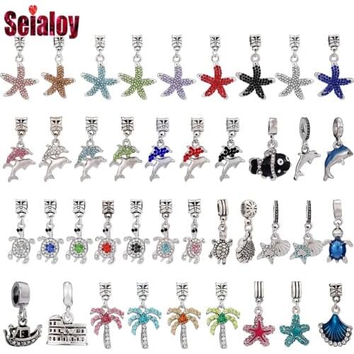 Seialoy Marine Style Starfish Dolphin Turtle Pendant Crystal Scallop Dangle Charm Fit Original Bracelets Jewelry Accessories