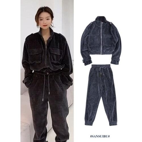 Retro Corduroy Suit Stand Collar Collect Waist Zipper Short Jacket+high Waist Leisure Wide Leg Harem Pants 2 Piece Set Women