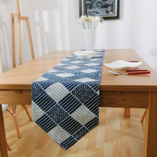 Table Runner Placemat Blue Waves Modern Table Runner Fish Scale Checkered Tablecloth Cotton Linen Bed Flag End Towel Table Cover