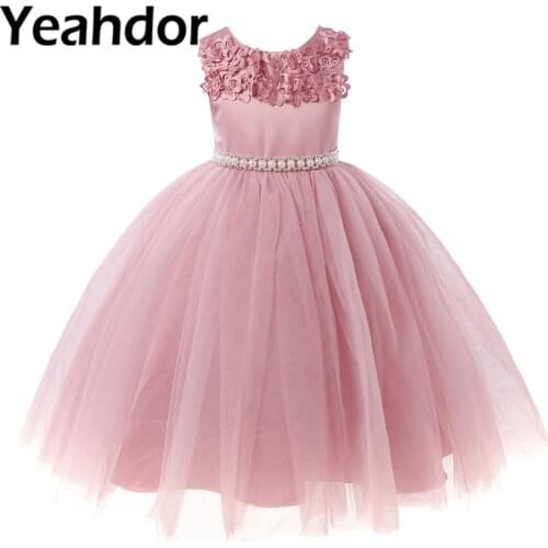 Girls Princess Vestido Flower Girl Weeding Dress Elegant Kids Party Gowns Beads Faux Pearls Children Eucharist Dress De Festa