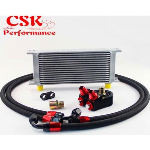 Universal 16 Row 248mm AN8 Engine Transmission Oil Cooler British Type + Aluminum Filter Adapter Kit Silver