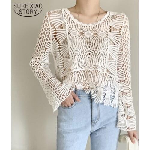 Korean Office Lace Blouse O-Neck Long Sleeve Sunscreen Shirt Woman Sweet Hook Flower Hollow Elegant Chemisier Femme Chic 12693