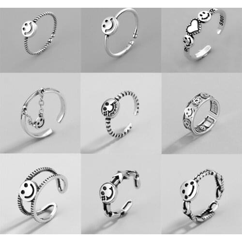 Vintage Smiling Face Thai Silver Color Ring For Women Ring Minimalist Accessories Gift Jewlery