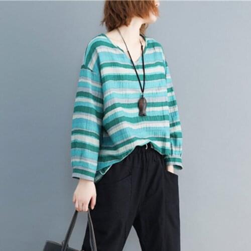 2021 New Women Long Sleeve Loose V-neck T-shirt Vintage Striped Cotton Linen Tee Shirt Femme Tops Big Size Spring Clothes Blusas