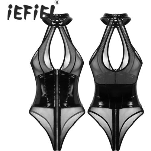 Womens Costumes Catsuit Wet Look Patent Leather Mesh Splice Lingerie Halter Neck Breast Hollow Out High Cut Zippered Leotard