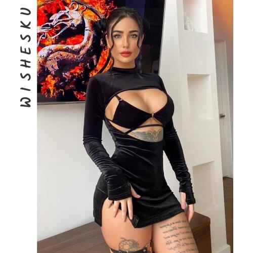 Two Piece Set Women Turtleneck Cut Out Long Sleeve Split Mini Dress+Bandage Lace Up Bra Outfits 2021 Autumn Goth Y2K Clothes