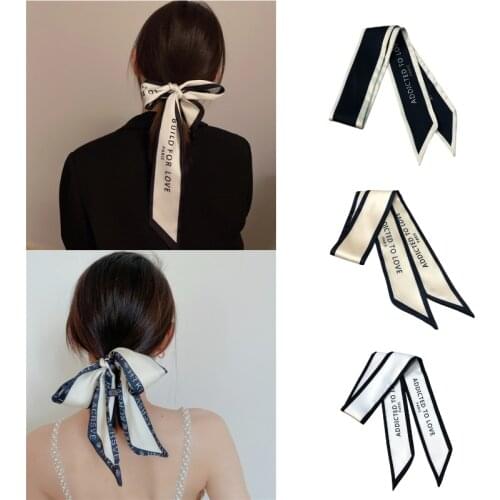 Womens Small Strip French Retro Style Narrow Long Scarf 100x6cm Silk Tie Letter Print Bag Ribbon Headband Hair Accessories