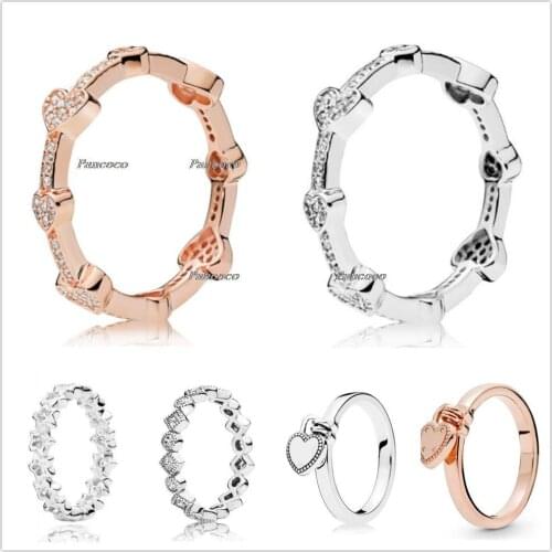 Authentic 925 Sterling Silver Rose Alluring Hearts With Crystal Rings For Women Wedding Party Gift Europe Fashion Jewelry