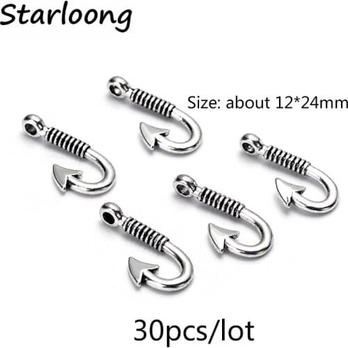 30pcs/lot zinc alloy antique vintage silver plated fish hooks charm pendants for Bracelet Necklace DIY Jewelry Making