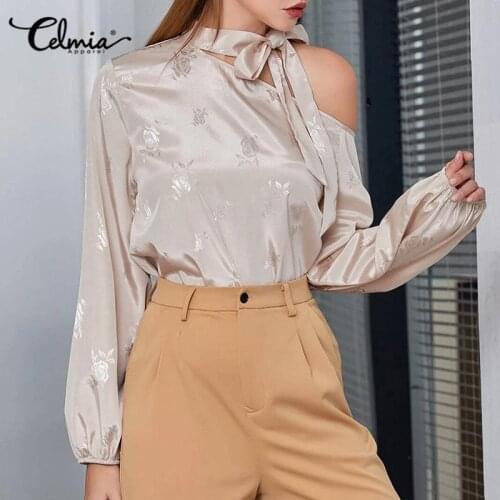 Bohemian Women Floral Printed Blouse Celmia Elegant Satin Tops Long Sleeve Bowknot Sexy One Shoulder Casual Office Shirt Female