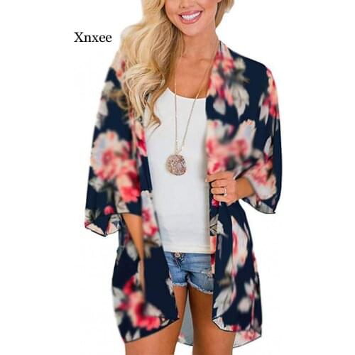 Women Floral Leopard Print Half Sleeve Shawl Chiffon Kimono Beach Cardigan Bikini Cover Up Wrap Beachwear Outdoor Anti-Uv Coat