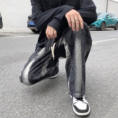 Japan Style Male Straight Loose Drawstring Jeans Vintage Hip Hop Print Denim Pants Autumn New Streetwear Baggy Cowboy Trousers