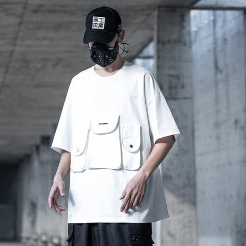 Functional Tactical Hip Hop Black Summer T-Shirts Men Multi Pockets Tops Tees Streetwear Harajuku Short Sleeve Shirt Techwear
