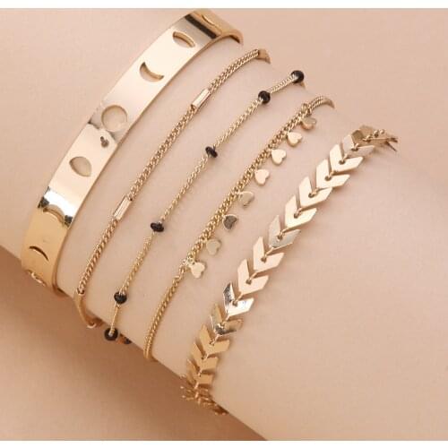 LUNA CHIAO Women Fashion Jewelry Accessories Gold Color 5 Pieces/Set Metal Cuff Bangle Chain Bracelets