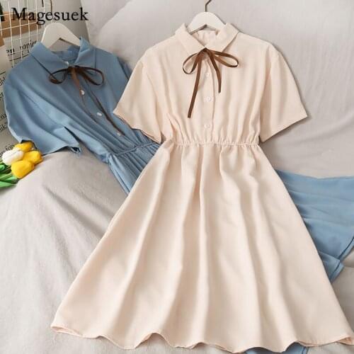 Sweet Bow Summer Dress High Waist Turn-down Collar Preppy Style Button Up Midi Dresses Women Short Sleeve Chiffon Dress 14385