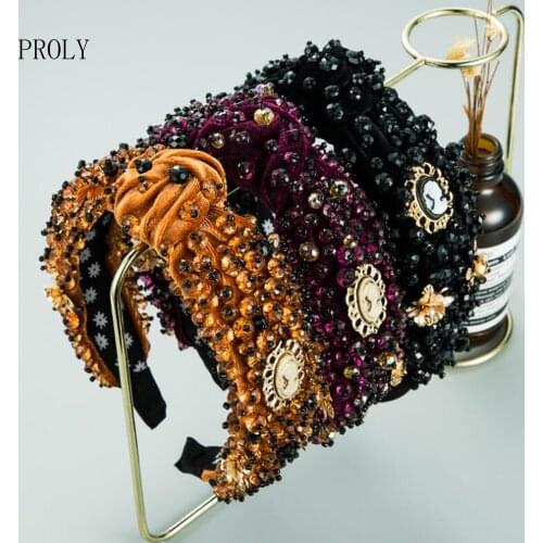 PROLY New Vintage Luxurious Flannel Hairband Women Center Knot Pearls Crystal Headband High-quality Baroque Hair Accessories